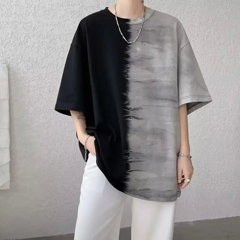HEARUJOY  -  Summer Gradient Color Casual Loose American Style Trend Creative Splicing Handsome Chaopai Heavyweight Men's Clothing Tees