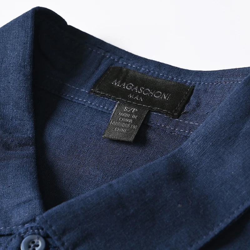 HEARUJOY  -  Men's Summer Cotton Linen Shirt Solid Color Skin Friendly Breathable Short Sleeve Lapel Shirts With Chest Pocket