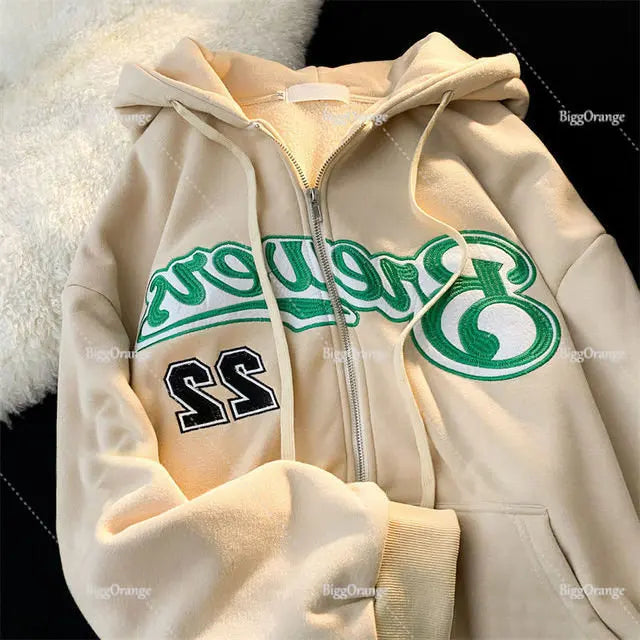 Hearujoy Retro Letter Print Hoodie Zipper American Purple Streetwear Casual Clothes Hip Hop High Street Oversize Sweatshirts Loose Coat