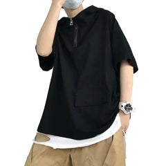 HEARUJOY  -  Pullover Men Tops Hoodie Loose Pocket Polyester Casual Harajuku Hip Hop Hooded Short Sleeve Solid Color Sweatshirt