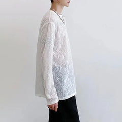 Hearujoy Mens Sexy See-Through Lace Floral Long-Sleeved Top 2024 New Genderless Fashion Temperament French Retro Inner T-Shirt Unisex