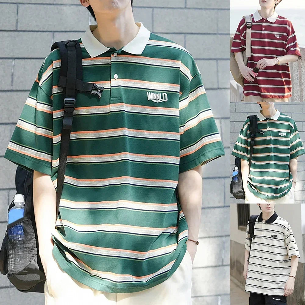 HEARUJOY  -  Casual Summer 2XL Mens Summer T-Shirts Casual Striped Short Sleeve Shirts Vintage Short Sleeve Tops Lapel Neckline
