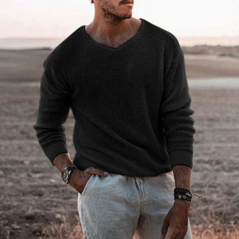 HEARUJOY  -  Men's Casual Knitted Sweater, Long Sleeve, Patchwork Color, O-Neck Tees Top, Loose Hollowed Breathable Knitwear, Streetwear