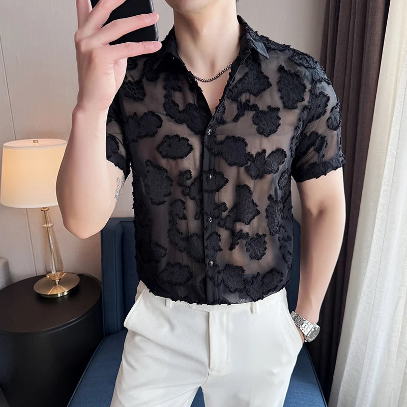HEARUJOY  -  Summer Mens Mesh Lace Short Sleeve Shirt Men Streetwear Hollow-Out Dance Shirts Male Nightclub Disco White Shirts Tops