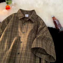 HEARUJOY  -  Couple Summer Tops Loose Short Sleeve Shirt Daily Casual Wear Plaid Pattern Shirt Vacation Outfits For Daily Wear