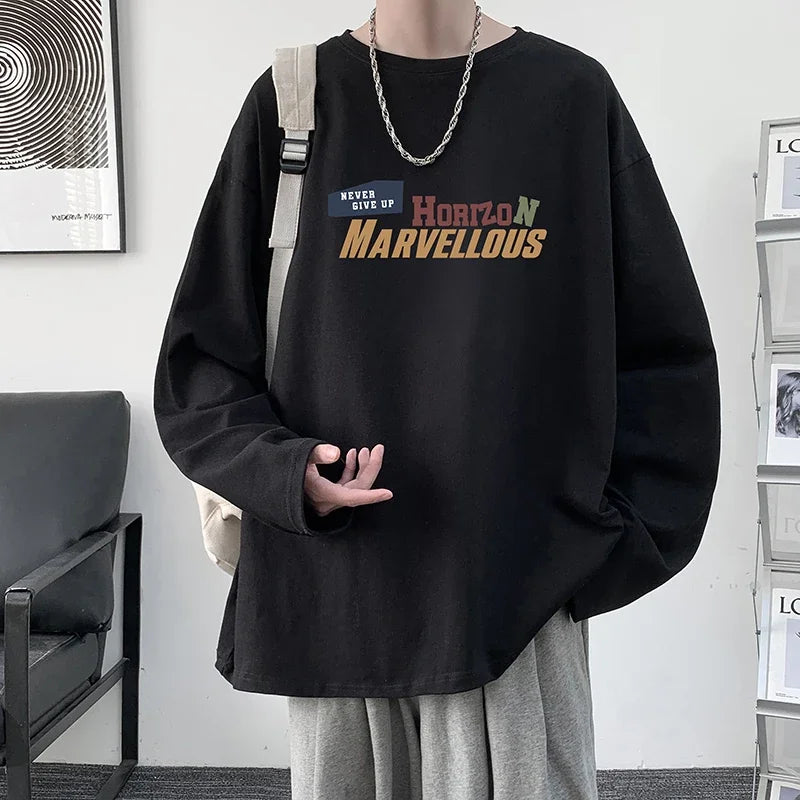 HEARUJOY  -  Men's Cotton Plain T-shirts White Full Sleeves Fashion Mens Oversized T Shirt 5XL Casual Wear Letter Print Tee Shirts for Men