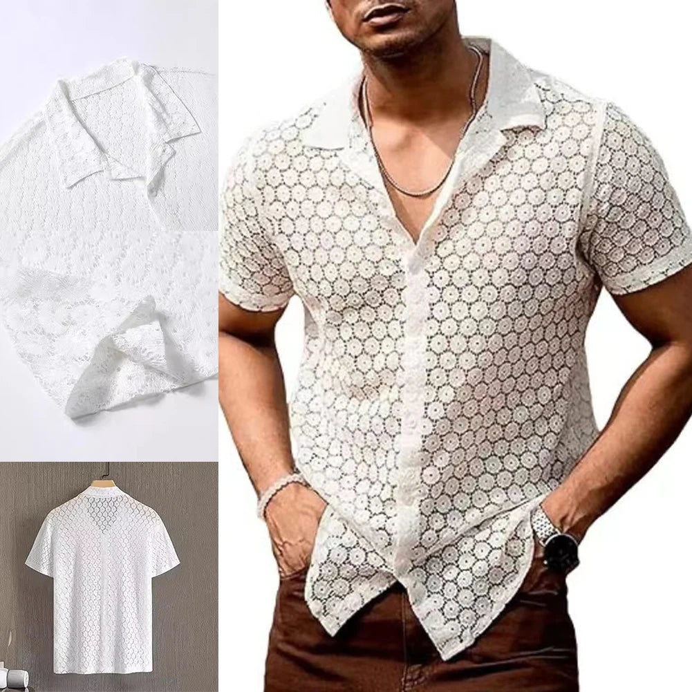 HEARUJOY  -  Tops Shirt Lace Men Outer Lapel Tops S-2XL Short-Sleeve Shirt Simple White Embroidery Hollow Out Mesh Brand New