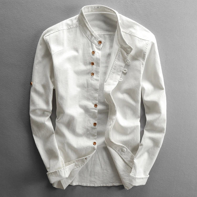HEARUJOY  -  Vintage High Quality Linen Shirt For Men Long Sleeve Stand Neck Slim Fit Top Chinese Style Retro Blouse Streetwear Plus Size 7XL