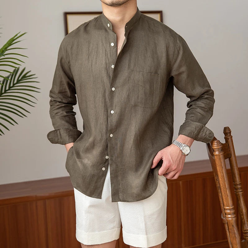 HEARUJOY  -  New Fashion Men Clothing Light Luxury Casual Textured Shirts Business Leisure Stand Collar Solid Color Long Sleeve Cardigan Tops