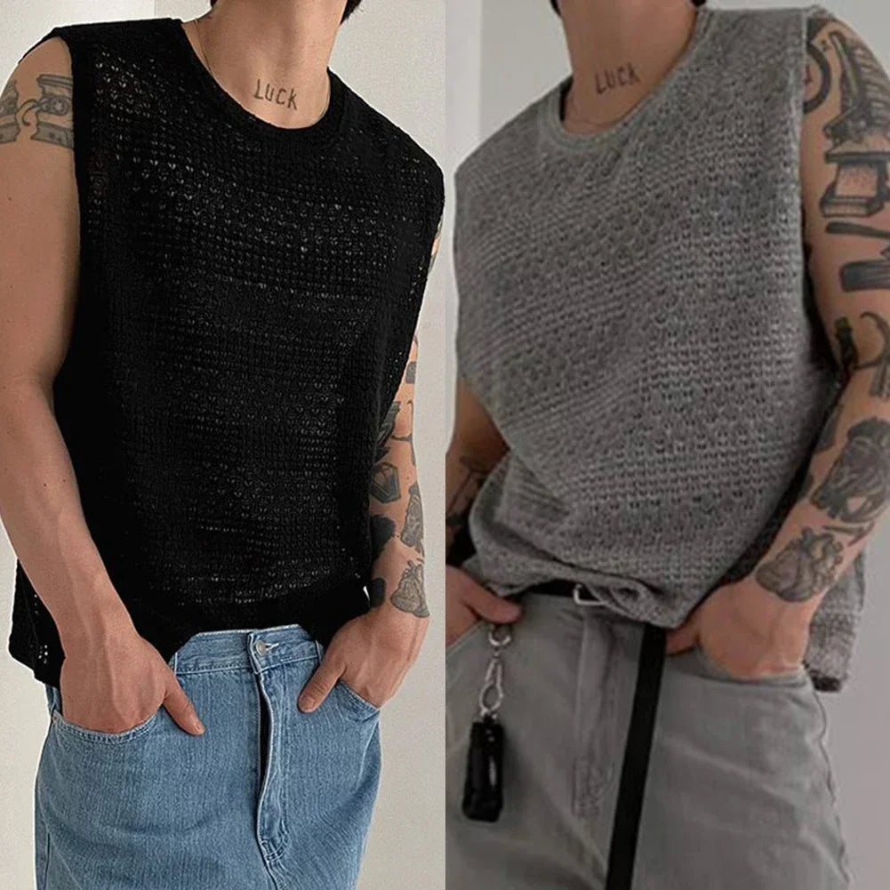 HEARUJOY  -  Casual Outings Summer Activities 2XL Men's Knitted Vest Daily Vacation Sleeveless Top Hollow Out Knitwear Loose Fit Design