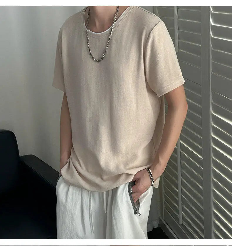 HEARUJOY  -  Korean Style Men's T-shirts Round Collar Short Sleeved Solid Color Mensweae New Summer Pullover Loose Male Tees