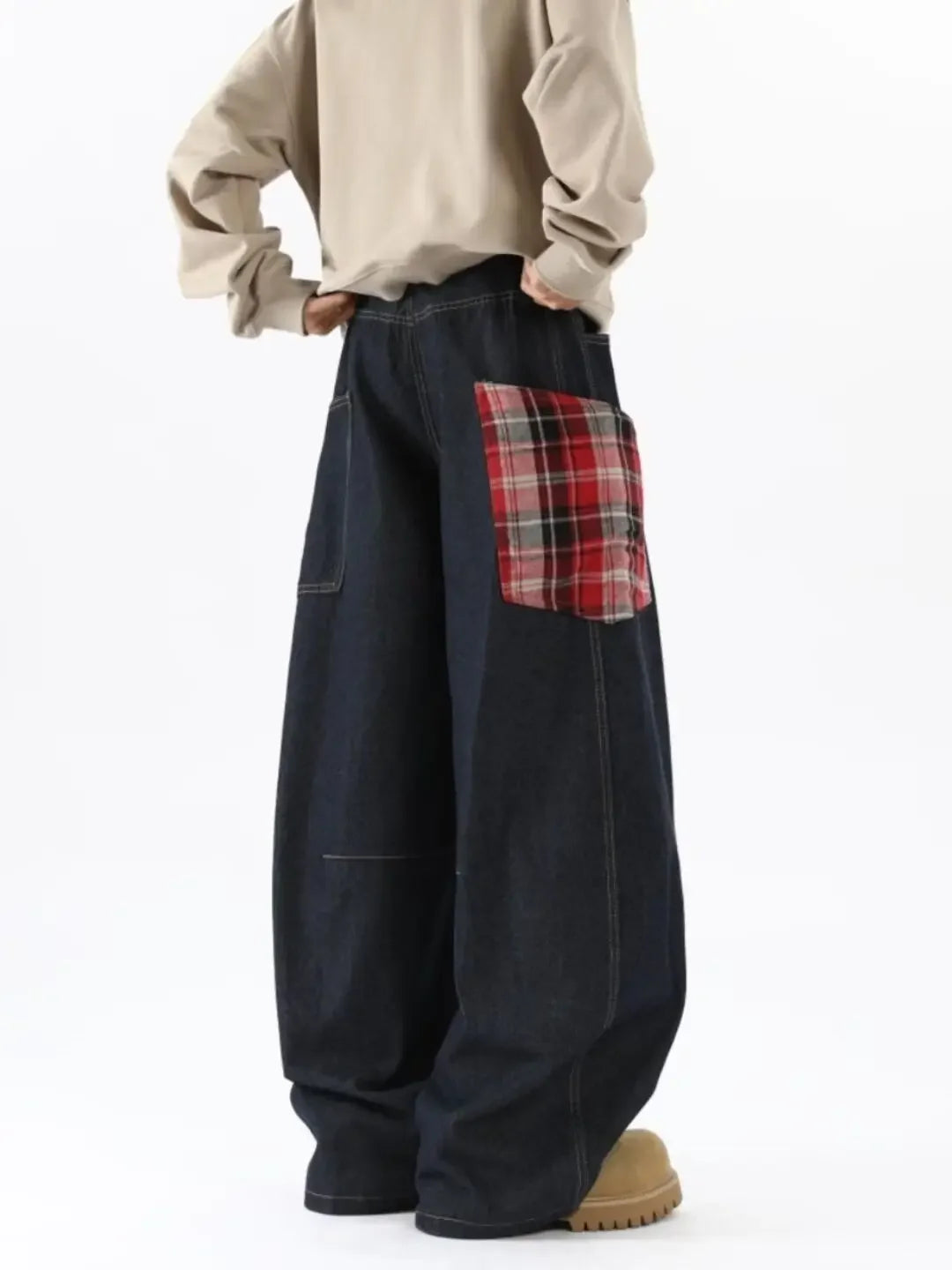 Hearujoy New American Style Splicing Plaid Washed Cargo Pants Women Retro Wide Leg High Waisted Baggy Jeans Women Hip Hop Denim Pants