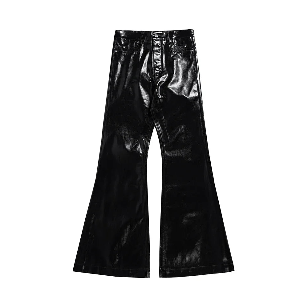 Hearujoy High Street Wide Leg Glossy Pu Leather Pants Sashes Boot Cut Men and Wome Straight Baggy Casual Jeans Oversized Flared Trousers