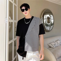 Hearujoy Korean Summer Men's Wear Fake Two Pieces Contrast Color Patchwork Suit Collar Casual T Shirt Sleeve Men's Collar Tee Tops