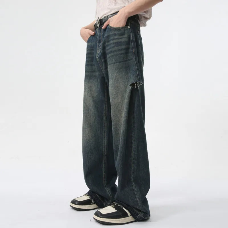 Hearujoy Fashion Loose Men's Straight Pants American Style Casual Hole Worn-out Design Wide Leg Jeans Summer Trend 9C6153