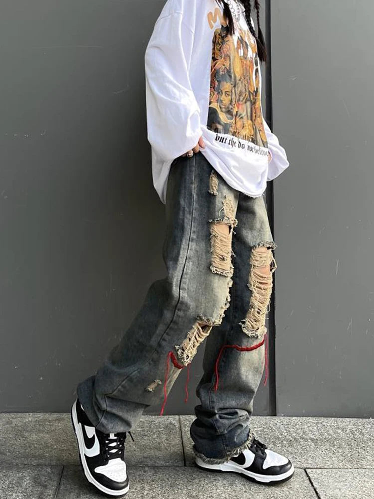 Hearujoy Ripped Jeans Pants for Men Punk Denim Trousers Male Straight Leg Jeans Hip Hop Harajuku Korean Streetwear Hippie Hole