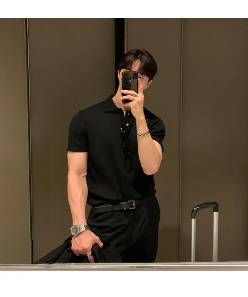 HEARUJOY  -  Lapel Polo Shirt Short-sleeved Men's Trendy Brand Loose Casual Summer Thin Solid Color Knitted Sweater T-shirt Base Shirt