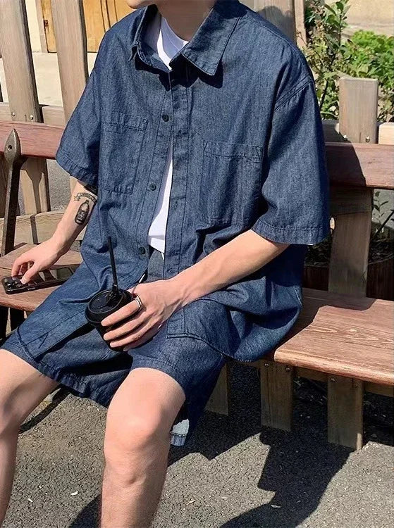 HEARUJOY  -  Japanese Man Sets Work Clothes Loose Cool Two-piece Set New in Matching Elastic Baggy Korean Stylish Shirts Shorts Suits for Men