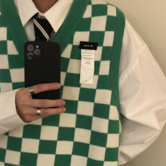 HEARUJOY  -  Waistcoat Plaid Green V Neck Sleeveless Knitted Sweaters for Men Black Man Clothes Vest Ugly Cotton Pull Oversize Sheap T Shirt