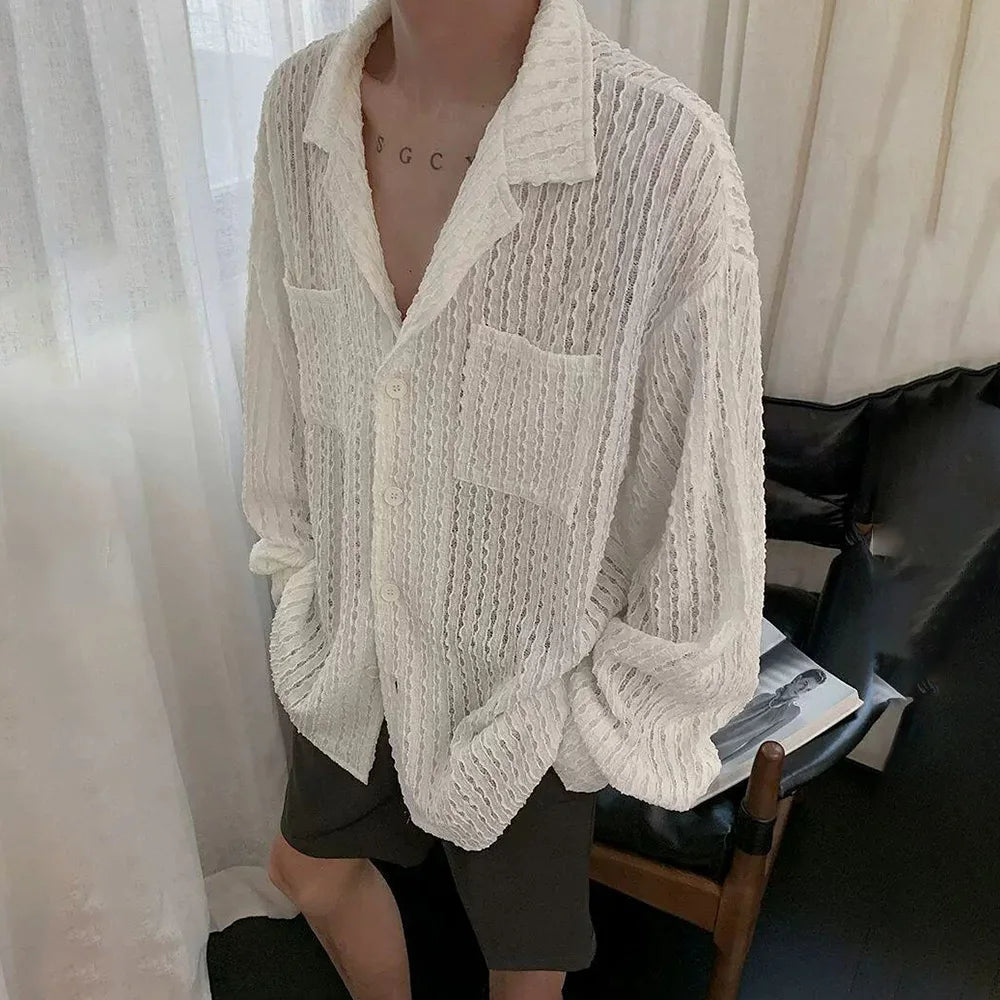 HEARUJOY  -  Mens Shirts Hollow Knitted Casual Shirts Spring Streetwear Fashion Thin Sexy Ballroom Long-Sleeved Tops Men'S Clothing 2025 New