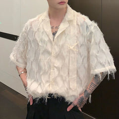 Hearujoy Men Shirt Solid Tassel Transparent Lapel Short Sleeve Casual Tops Summer Streetwear Korean Sexy Shirts Fringe LGBT Unisex Blouse
