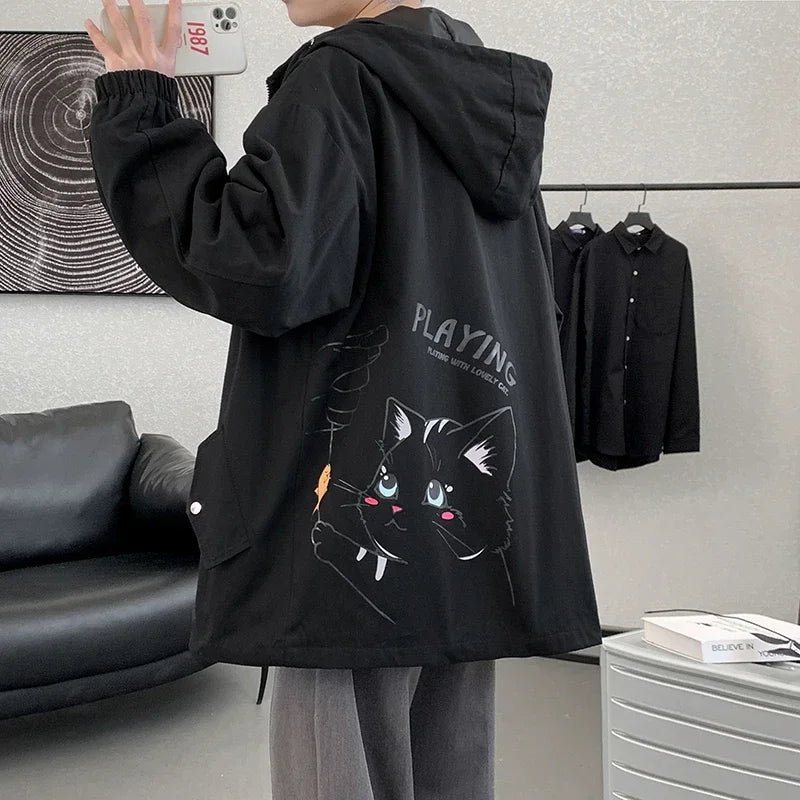 HEARUJOY  -  Men's Oversized Jackets Cotton With Hat Man Cat Print Coat Casual Wear Autumn 5XL Safari Style Jacket For Men Fashion Outerwear