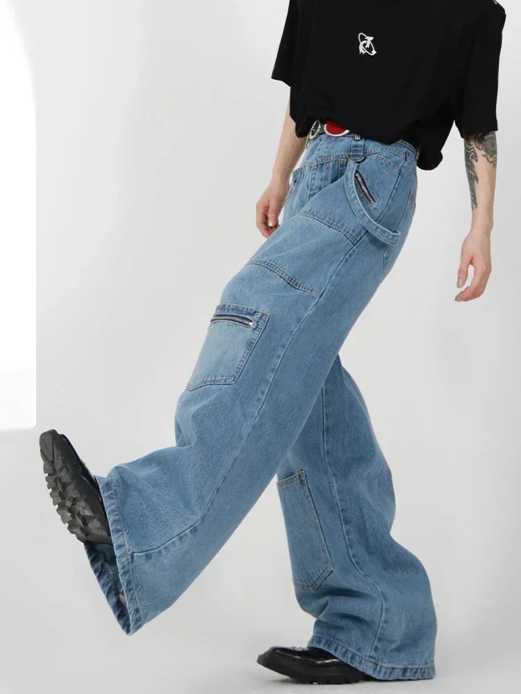 Hearujoy Baggy Cargo Jeans Men Denim Wide Leg Trousers Male Oversize Casual Streetwear Hip Hop Pocket Zipper Safari Style