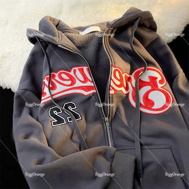 Hearujoy Retro Letter Print Hoodie Zipper American Purple Streetwear Casual Clothes Hip Hop High Street Oversize Sweatshirts Loose Coat