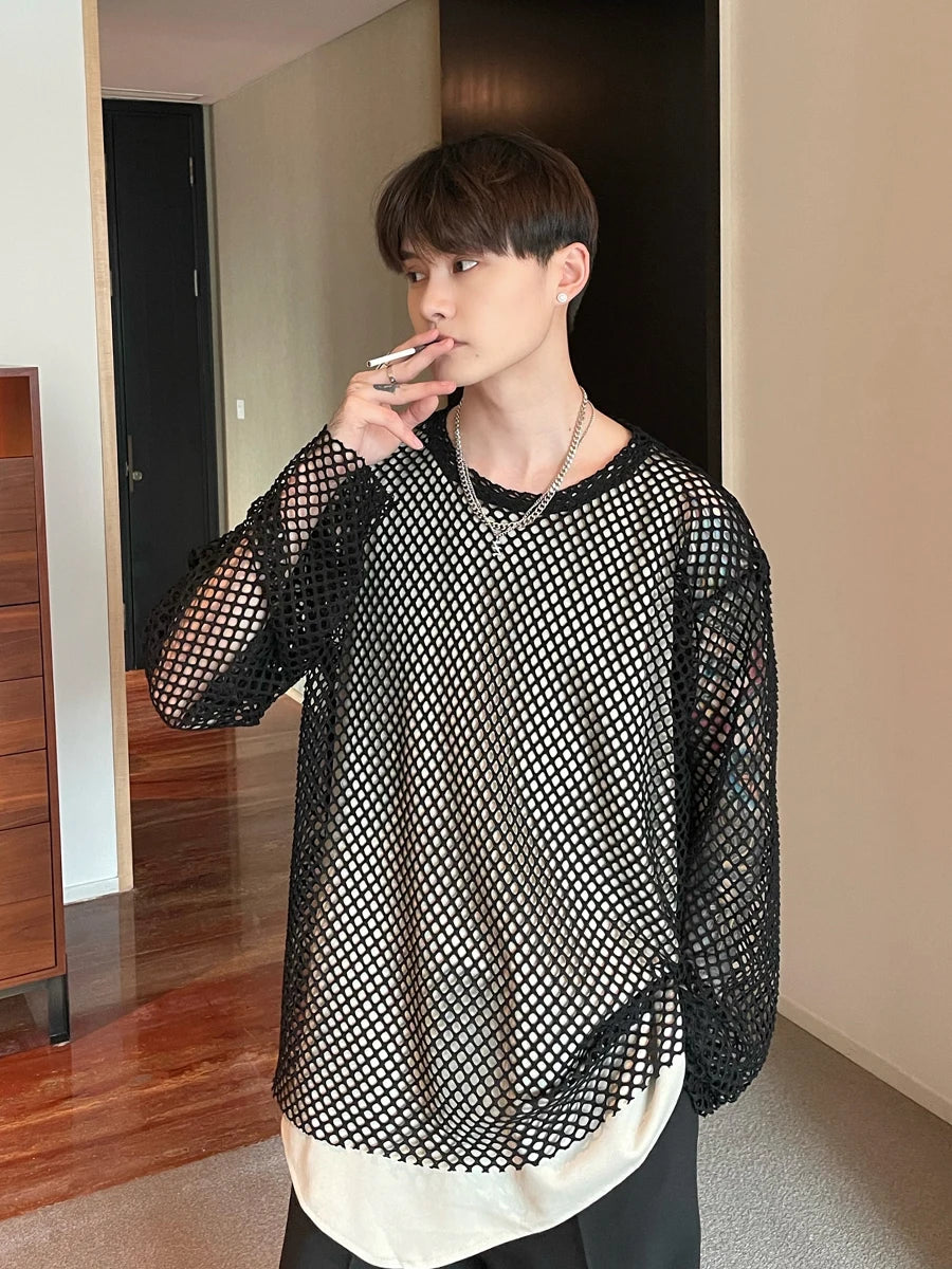 Hearujoy Korean style fashion hollow long-sleeved T-shirt men's mesh layered casual loose see-through top Stage Show Clothes