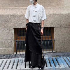 HEARUJOY  -  Men Japanese Double-Layer Irregular Casual Culottes New Genderless Fashion Splicing Solid Color Loose Wide-Leg Pants Unisex