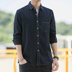 HEARUJOY  -  Fashion Korean Style Denim Shirt For Men 100% Cotton Long Sleeve Slim Fit Tops Spring Autumn Casual Denim shirts Plus Size 4XL
