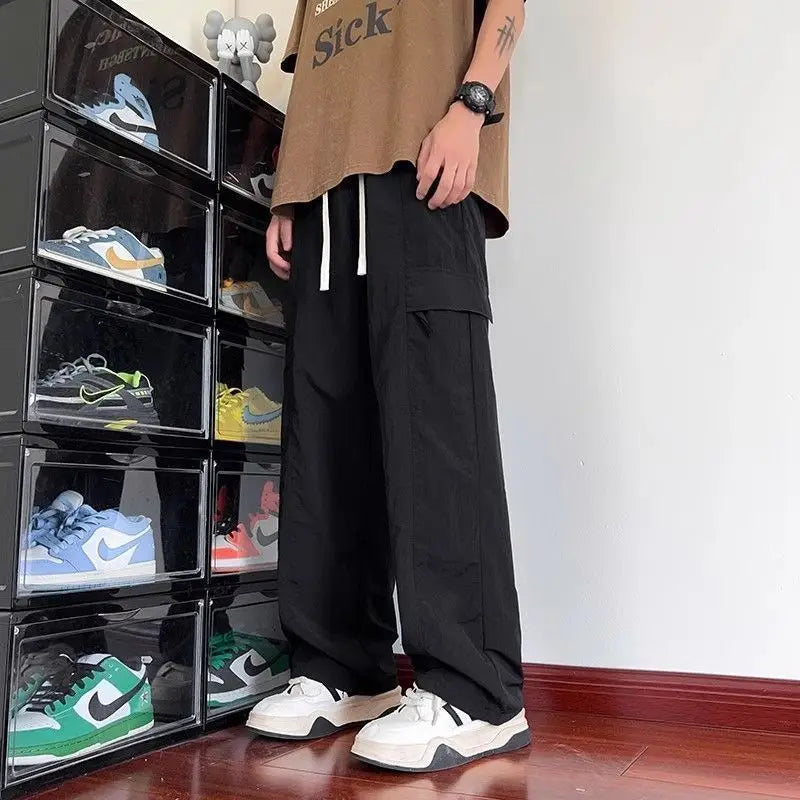HEARUJOY  -  Ice Silk Workwear New Summer Casual Straight Loose Trendy Pocket Zipper Men's Casual Long Pants