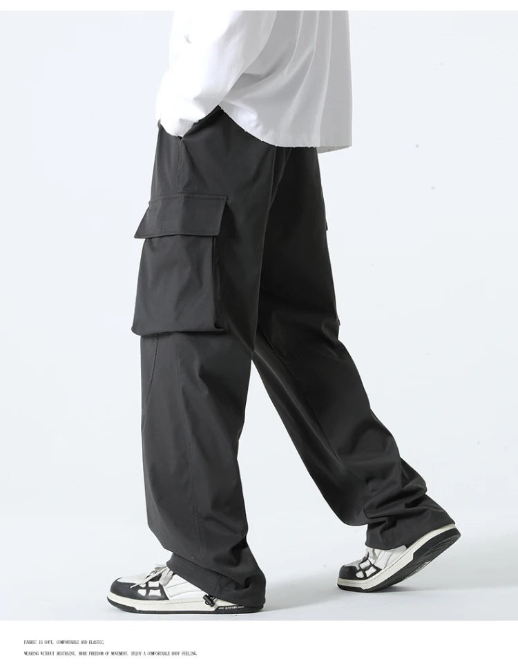 HEARUJOY  -  Men Elastic Waist Solid Color Cargo Pants Multi Pocket Loose Baggy Pants for Women Streetwear Harem Casual Pants하렘 바지