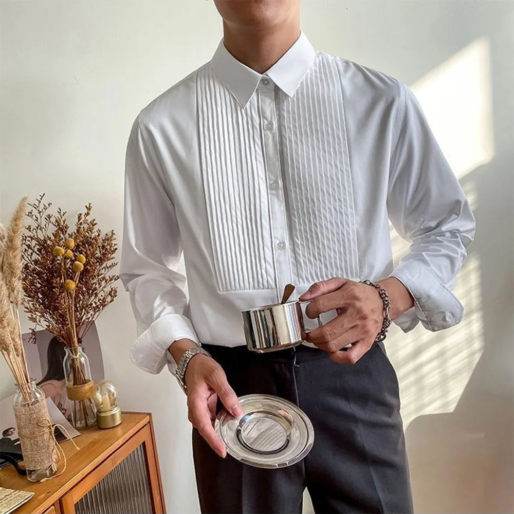 HEARUJOY  -  Mens Shirts Wrinkled Stitching Casual Shirts Streetwear Fashion Personality Versatile Long-Sleeve Tops Men'S Clothing 2025 New