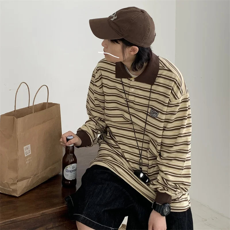 Hearujoy Striped Long-Sleeved Shirt New Spring Autumn Vintage Blouse Student Korean Preppy Sweatshirt Men Women Lapel Shirt