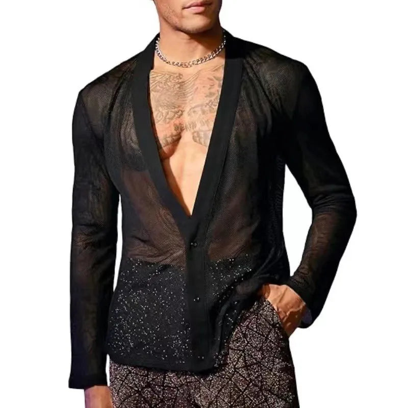 HEARUJOY  -  New Men's Fashion Transparent Mesh Shirt, V-neck Single-breasted Long-sleeved T-shirt, Cardigan Top