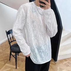 Hearujoy Mens Sexy See-Through Lace Floral Long-Sleeved Top 2024 New Genderless Fashion Temperament French Retro Inner T-Shirt Unisex