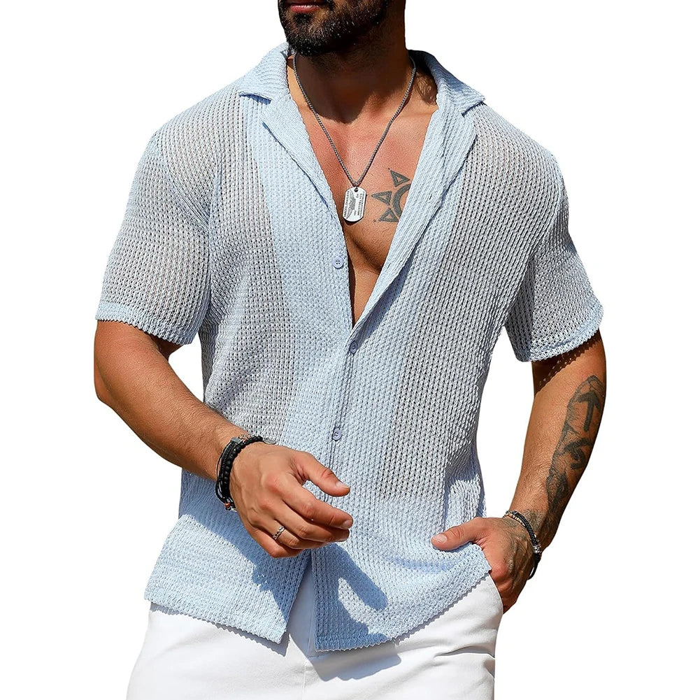 HEARUJOY  -  Top Men\'s Shirt Men's Shirt Fashion Streetwear Tops Hollow Out Knitted Men Sexy Beach Shirts Breathable Hot New