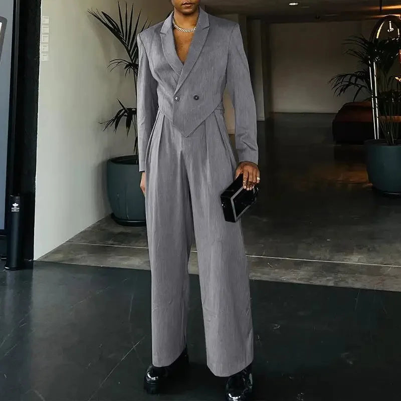 HEARUJOY  -  Spring Autumn Fashion Men Small Suit Set Tailored Collar Long Sleeve Irregular Tops And Straight Pants Two Piece Sets Loose Outf