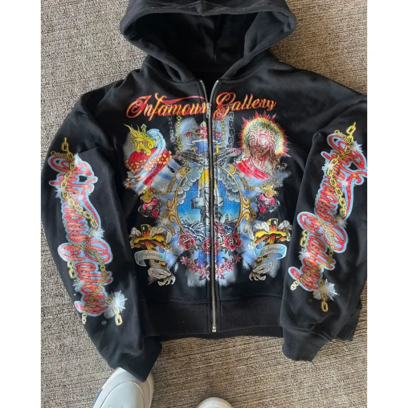 Hearujoy Dark letter devil print hoodie American retro goth fashion loose rock Harajuku versatile couple trend sports y2k top hot sale