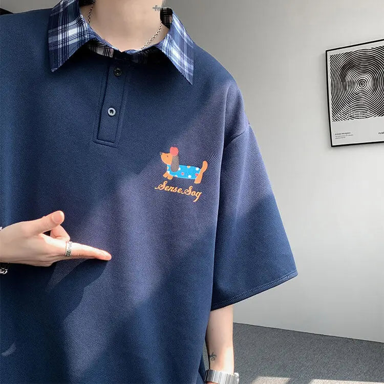 HEARUJOY  -  Dog Embroidery Plaid Polo Short Sleeve T-Shirt 2025 Summer Retro Couple T-shirts Splicing Fake Two Pieces Simple Tops