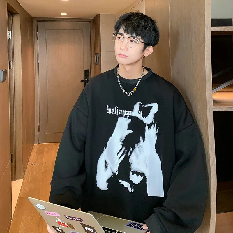 HEARUJOY  -  Men's Oversized Hoodie Black 5XL Hoodies Oversize for Men Funny Print Man Casual Wear Hoody Male Sweatshirt