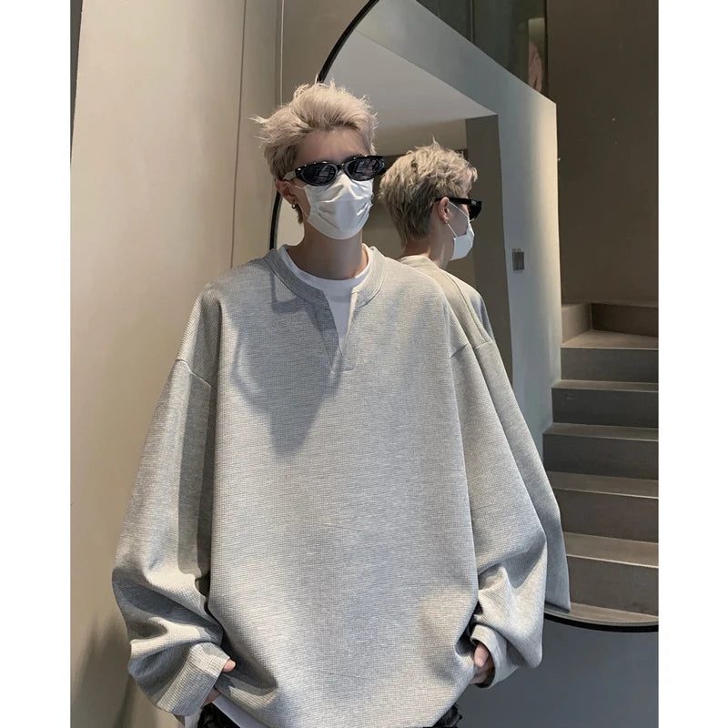 Hearujoy Loose Casual Tshirt Men Fake Two-piece Long Sleeve T Shirt Neutral Streetwear Fashion Women Korean Pullover T-shirts Gray/Black