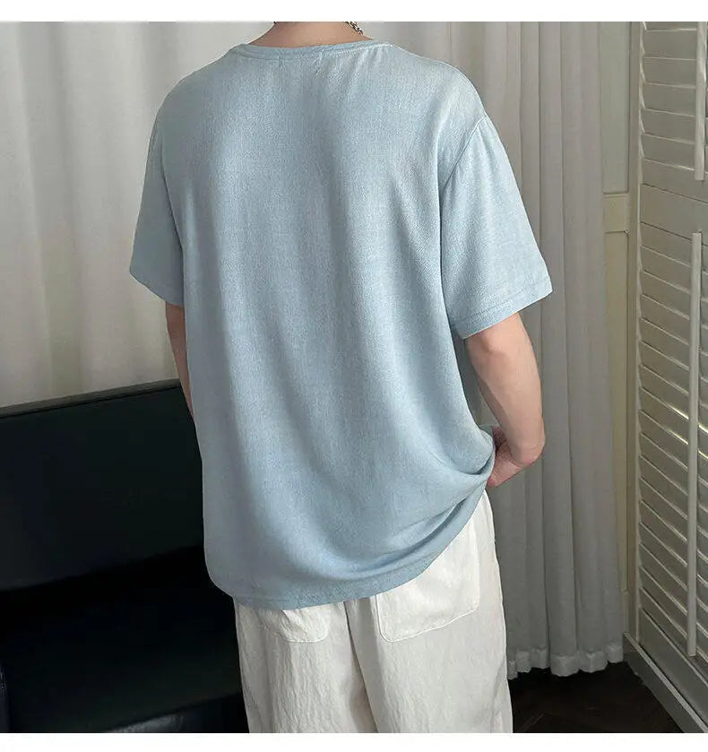 HEARUJOY  -  Korean Style Men's T-shirts Round Collar Short Sleeved Solid Color Mensweae New Summer Pullover Loose Male Tees