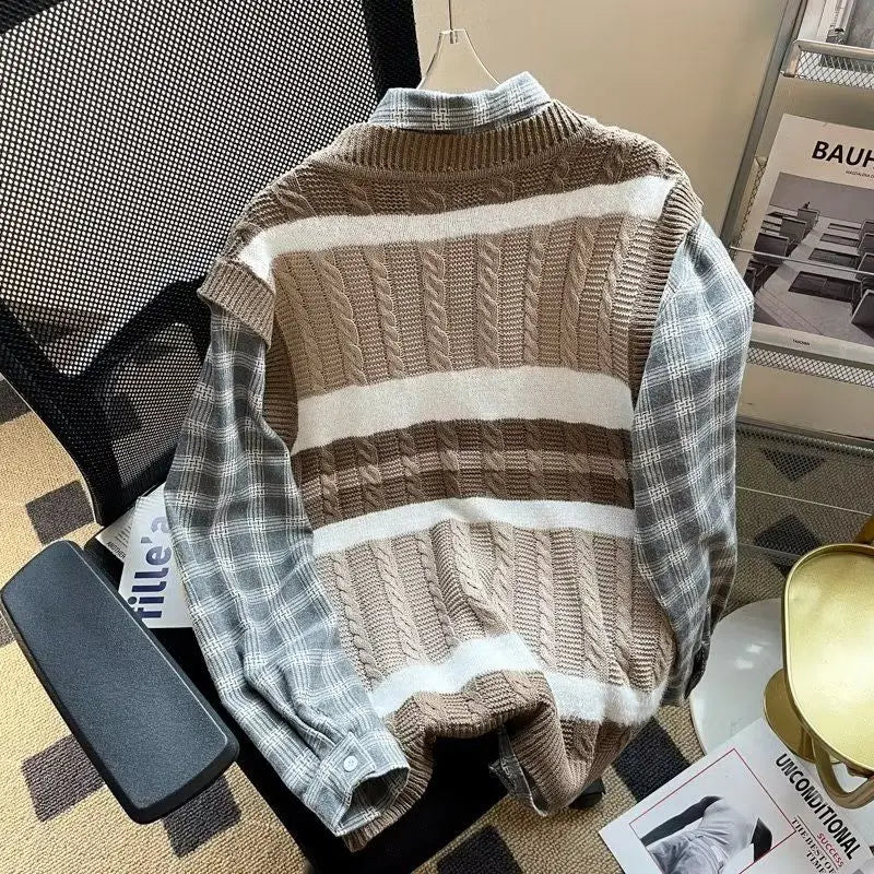 HEARUJOY  -  Men's Clothing Japanese Style Striped Embroidery Vintage All Match Sweater Vest Casual V Neck Sleeveless Loose Knitted Waistcoat