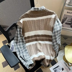 HEARUJOY  -  Men's Clothing Japanese Style Striped Embroidery Vintage All Match Sweater Vest Casual V Neck Sleeveless Loose Knitted Waistcoat