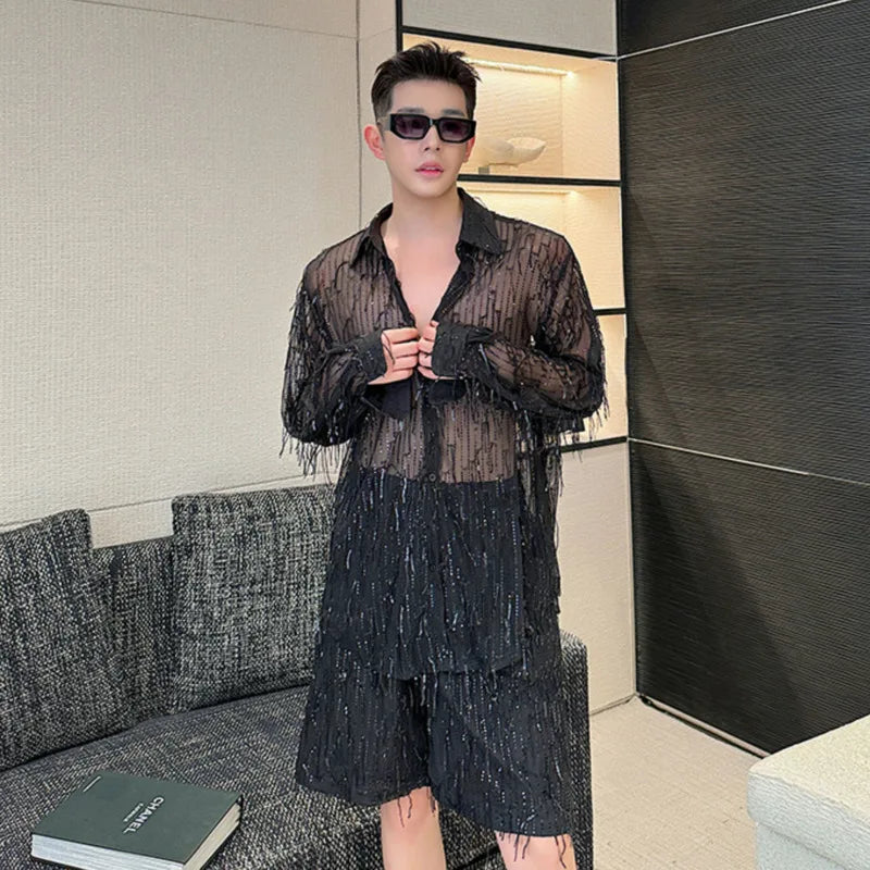 Hearujoy Casual Shorts Men's Korean Style Trend Sequin Tassel Solid Color Fashion Elastic Waist Male Pants Summer 9C5317