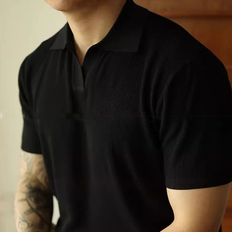 HEARUJOY  -  Summer Men's Clothing Luxury Knit V Neck Short-sleeved Polo Shirt Solid Color Leisure Korean Popular Streetwear Slim Knitwear
