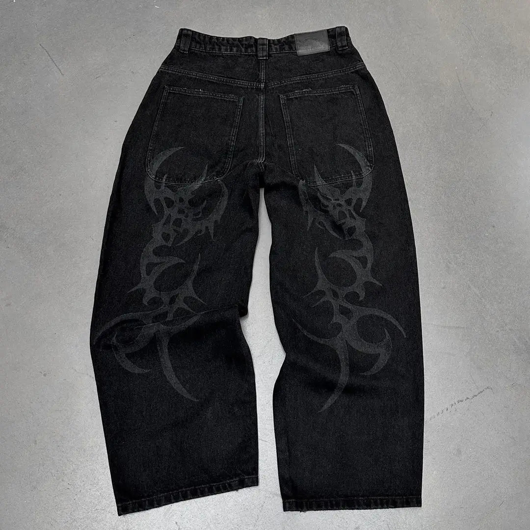 Hearujoy Harajuku Y2k Jeans Goth Hip Hop Pattern Oversized Pocket Ripped Black Baggy Jeans Casual New Mens Womens Denim Pants Streetwear