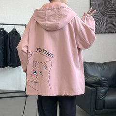 HEARUJOY  -  Men's Oversized Jackets Cotton With Hat Man Cat Print Coat Casual Wear Autumn 5XL Safari Style Jacket For Men Fashion Outerwear